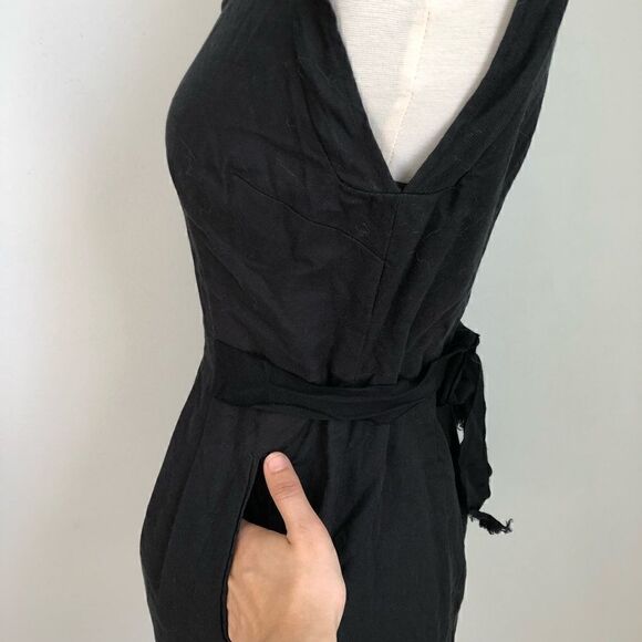 LOFT Black Linen Round Neck Waist Tie Belt Side Pockets Crew Neck Women’s Size 4 - Picture 5 of 7